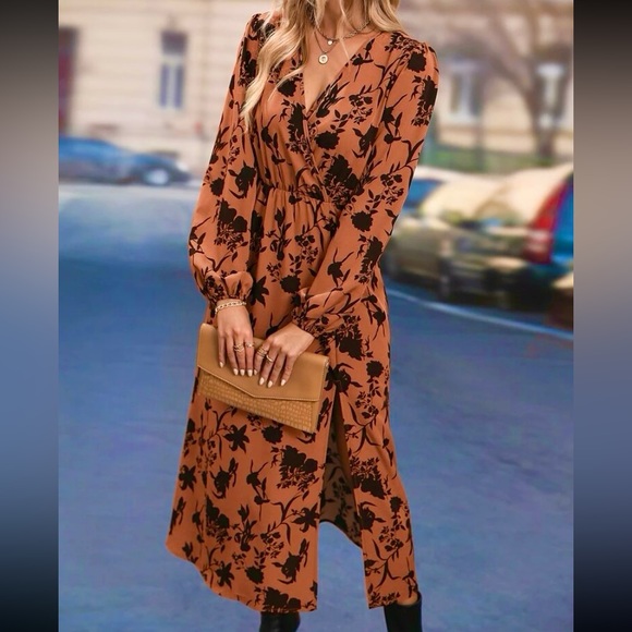 New Midi Floral Thigh Split Brown Orange Rust Color Mix Dress Surplice V Neck - Picture 7 of 16